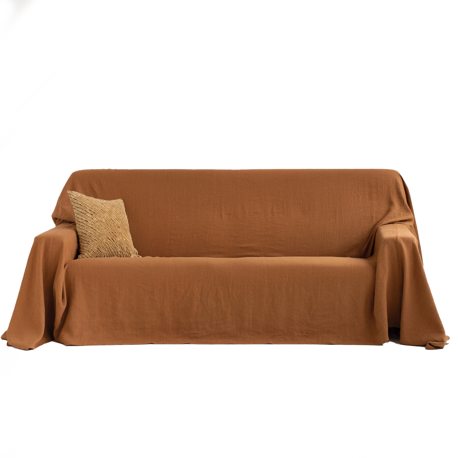 Rust Linen Couch Cover Draped Over Sofa with Pillow