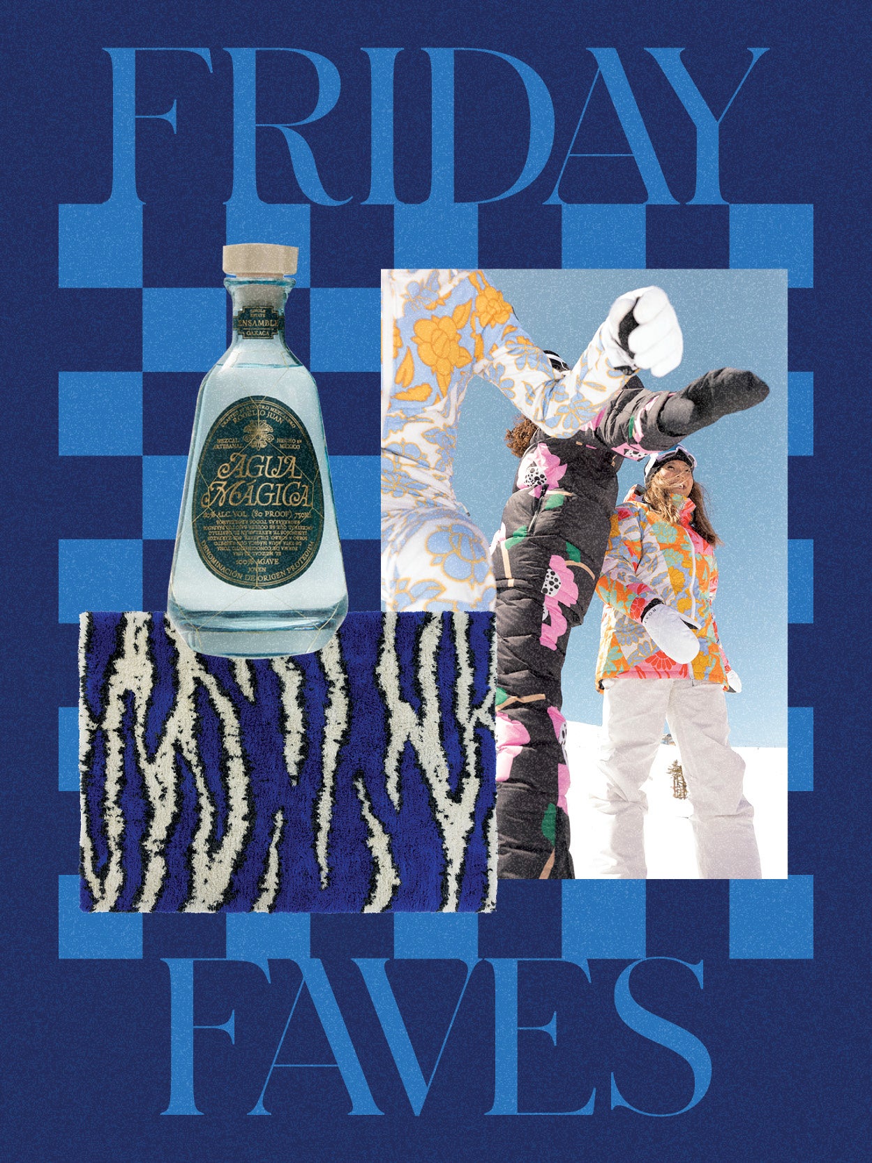 navy blue and lighter blue background, three images layout with mezcal glass bottle, a zebra patterned rug and snowboard attire