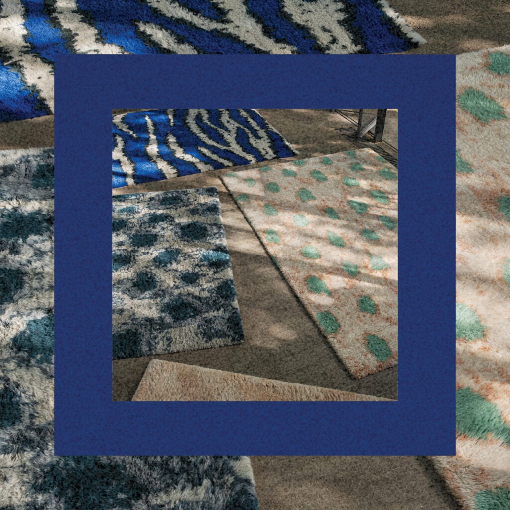 Graphic rugs layout, beige, blue and green tones. 