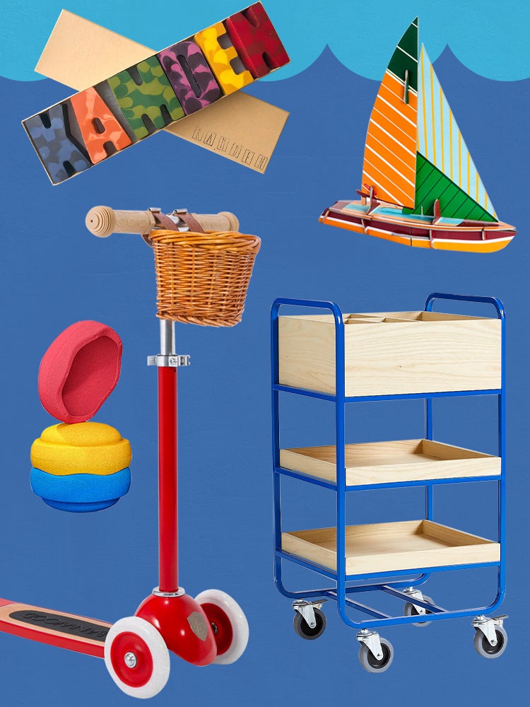 gift guide for kids, toys layout on a blue background