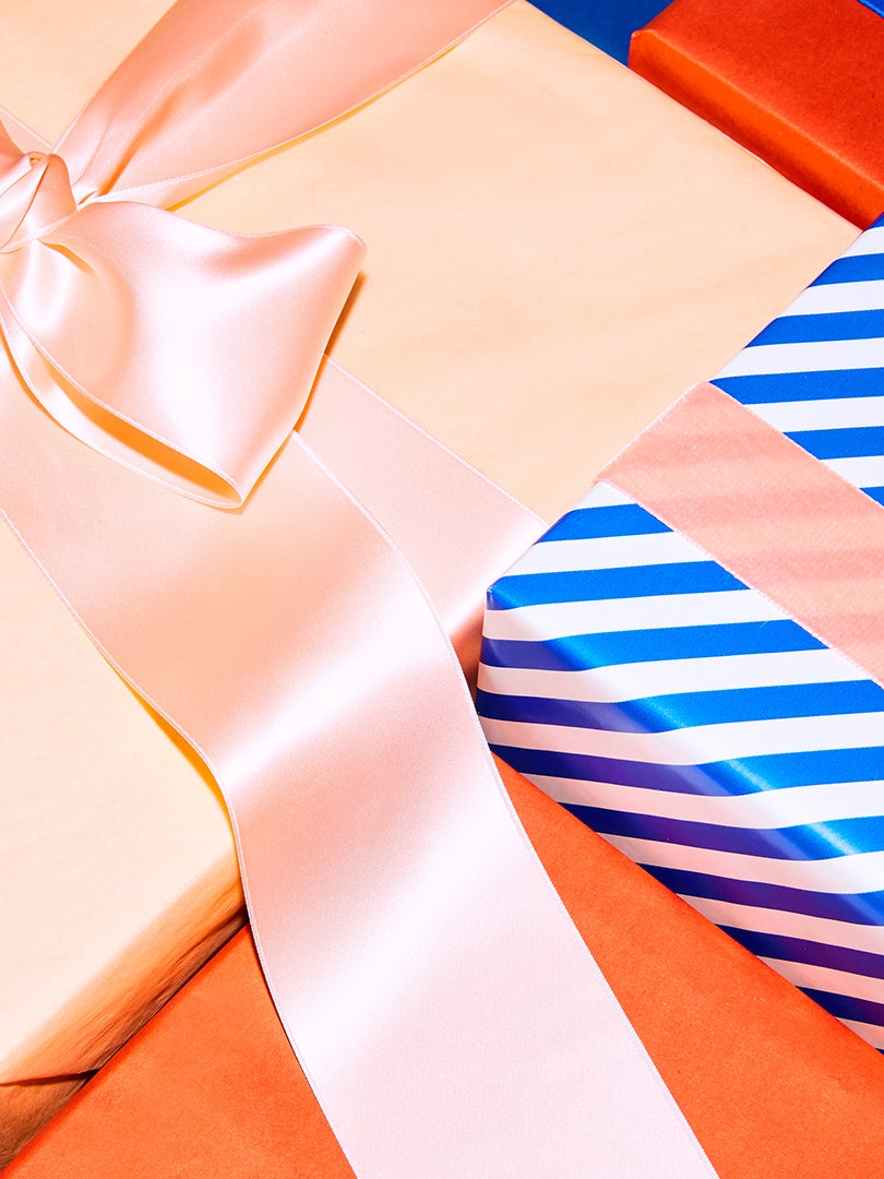 present wrapped, pink satin ribbon