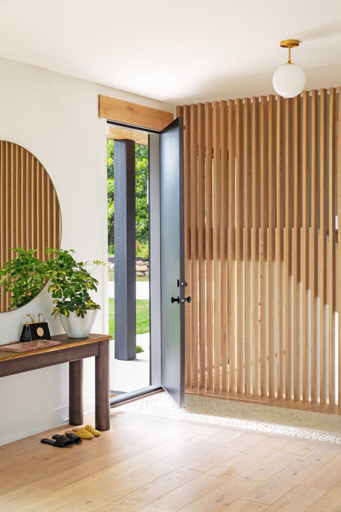 slatted wood entry wall