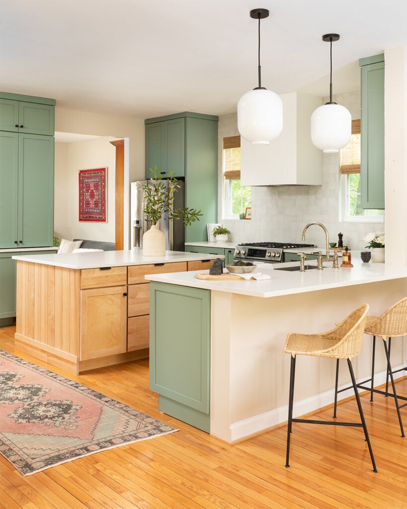 big green and wood kitchen