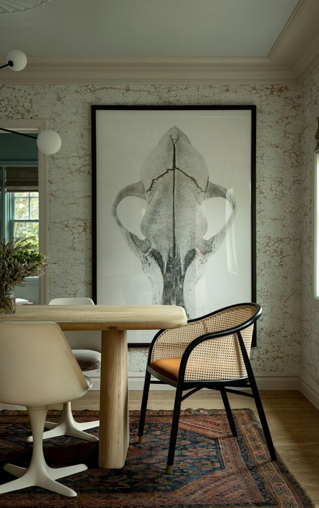 dining room with skull art