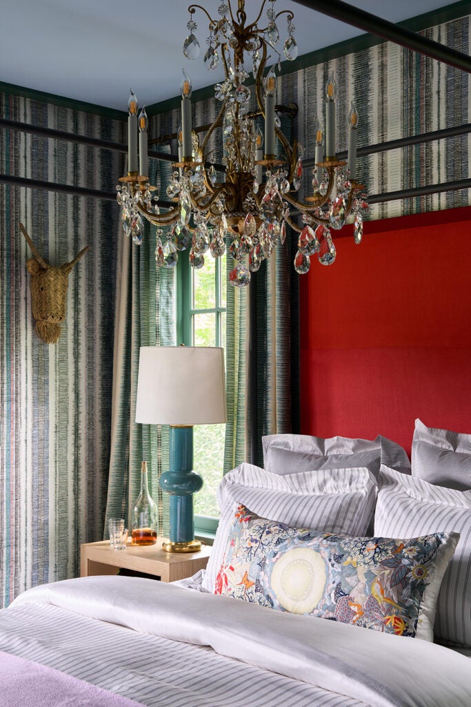 bedroom with chandelier