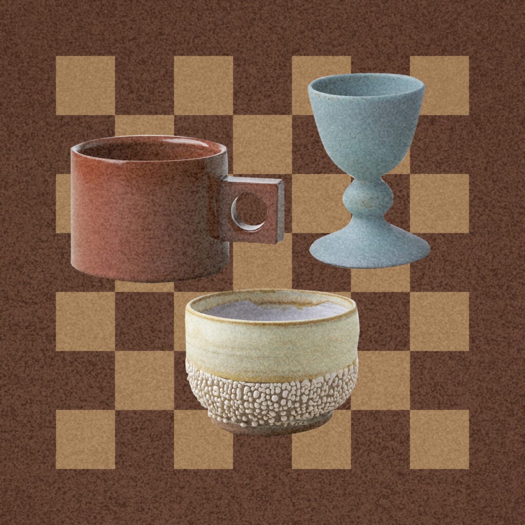 mugs on a checkered brown background