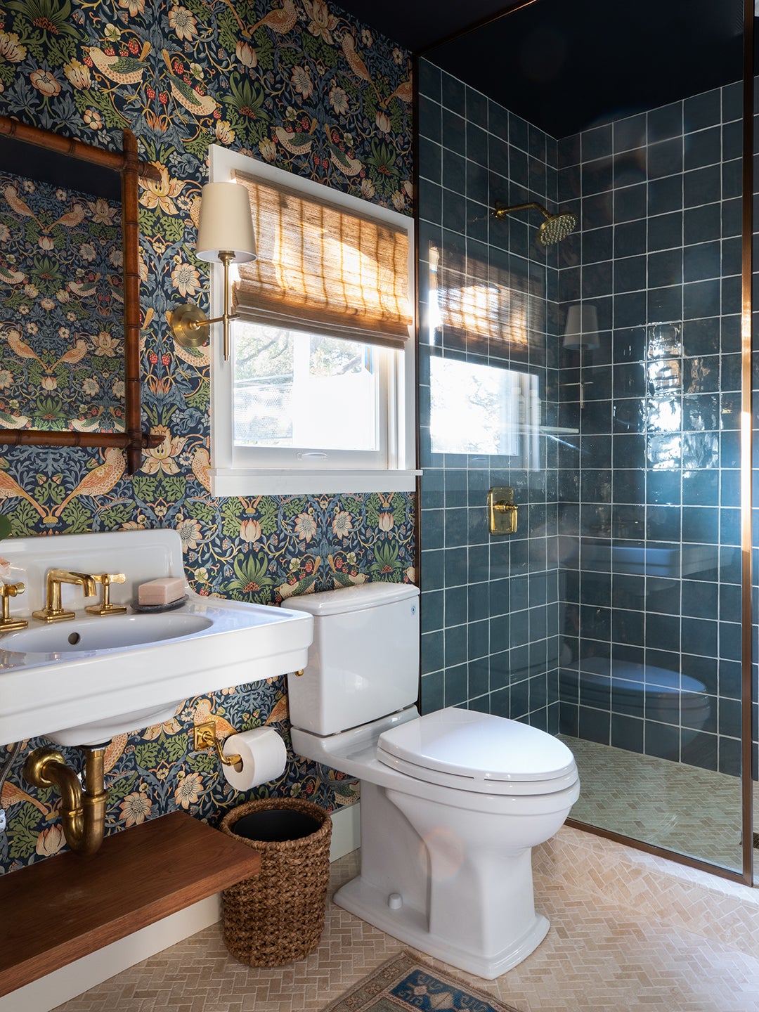 After Image of Bathroom with blue tile and Morris & Co wallpaper