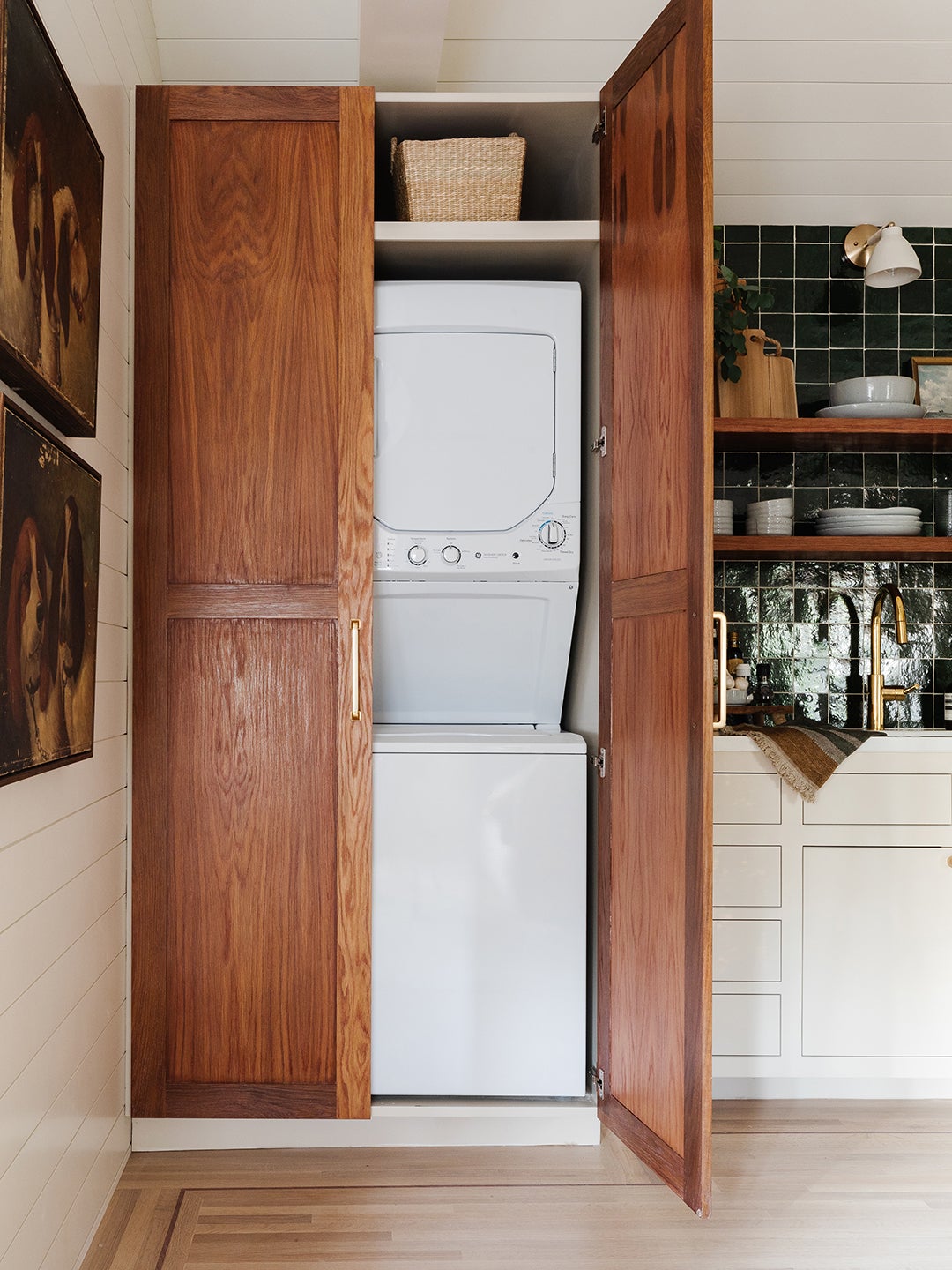 Wood Pantry Doors Covering Washer and Dryer