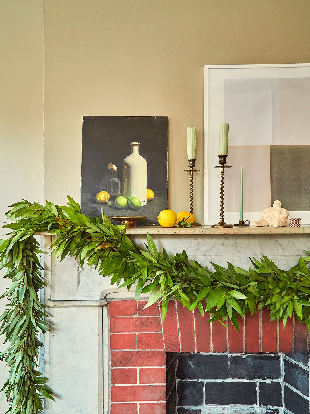 fireplace mantel with leaf garland