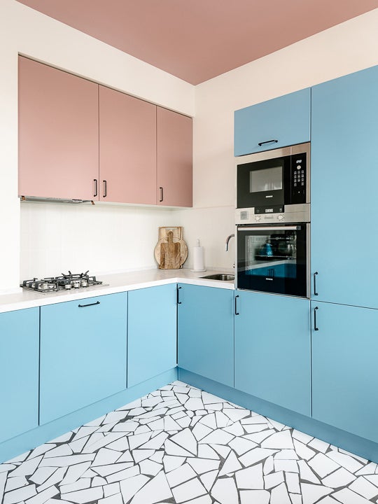 blue and pink kitchen
