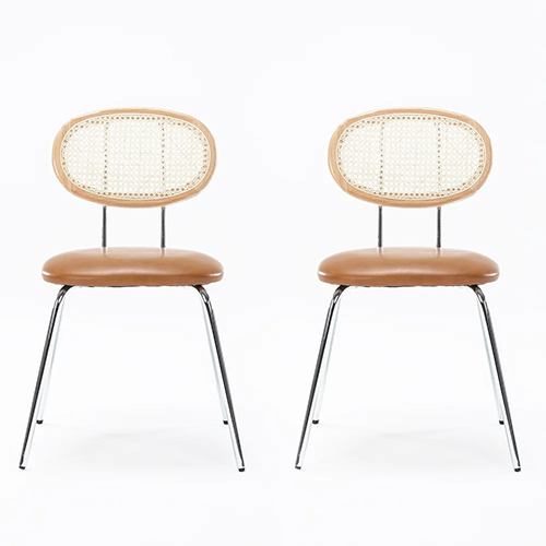 Pair of Modern Rattan Backrest Upholstered Round Dining Chairs