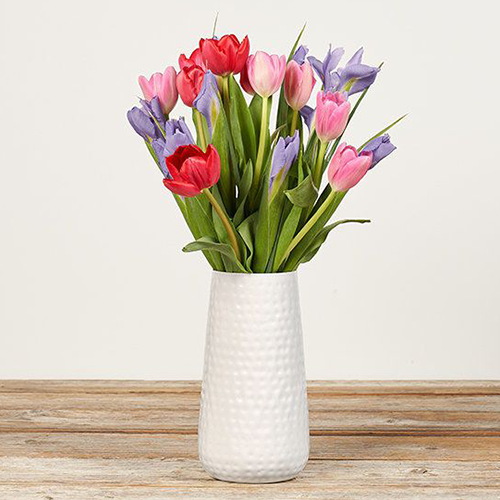 Bouquet of pink and purple tulips and irises
