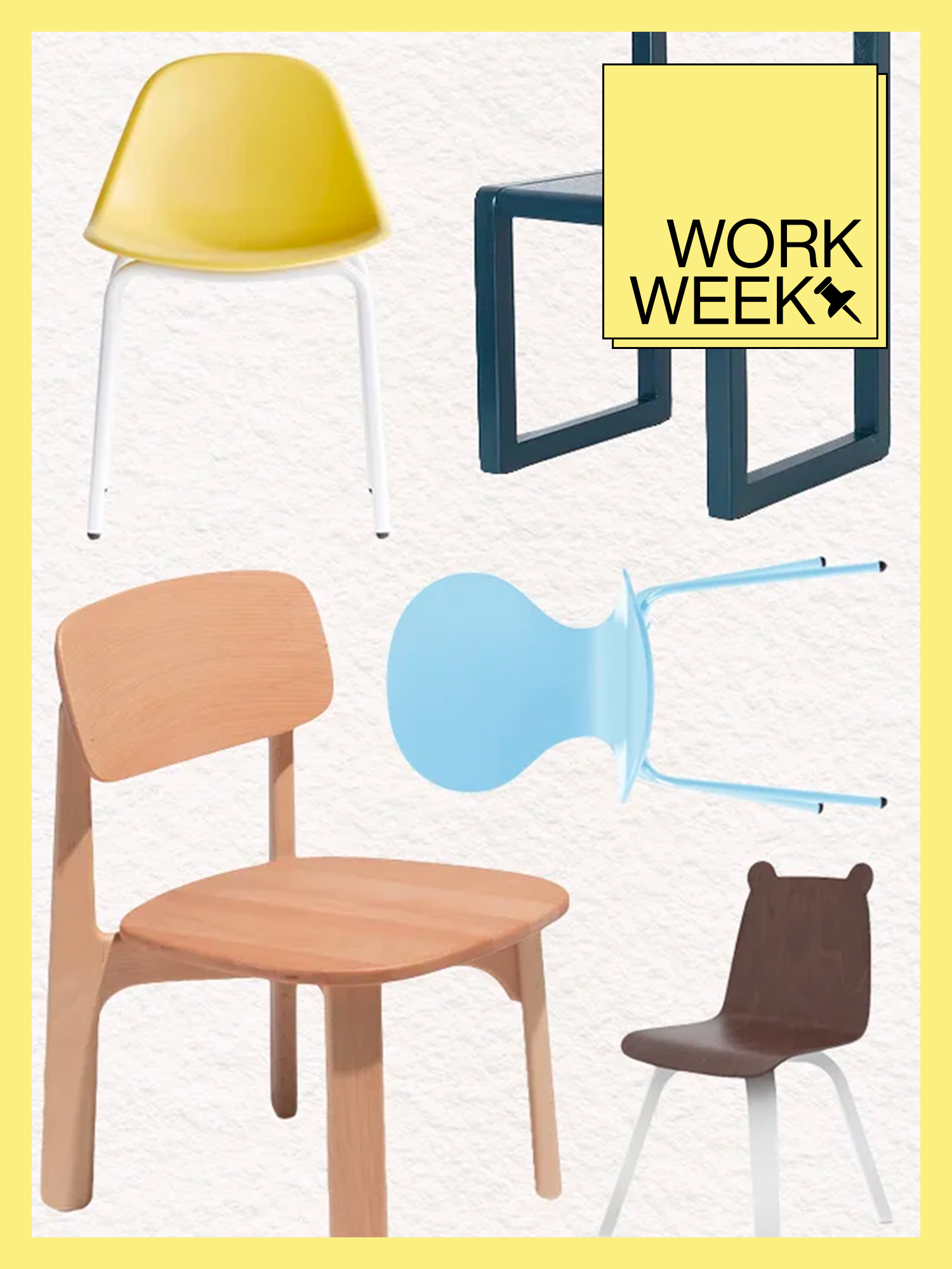 Kids desk chair collage with yellow Work Week design border and badge.