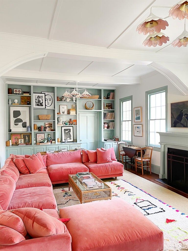living room pink sofa
