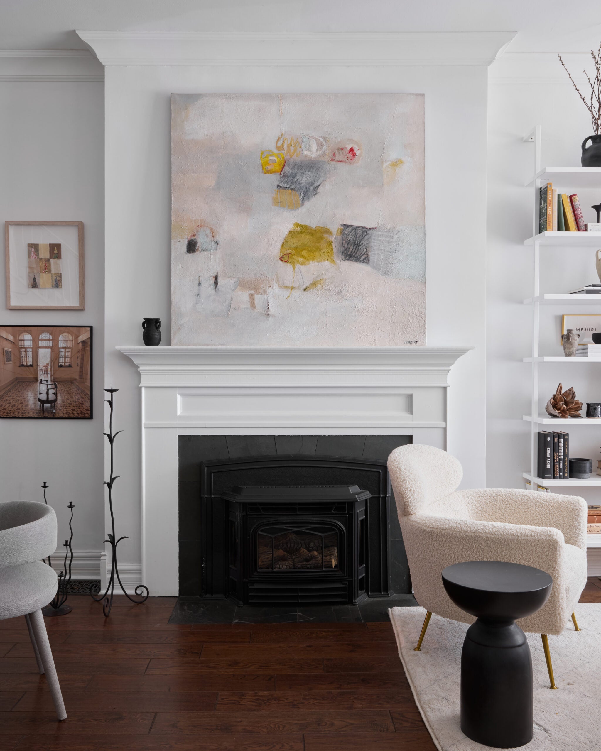 abstract art over fireplace