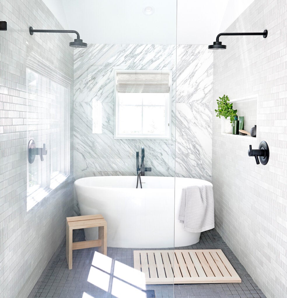 white bathroom with marble wall