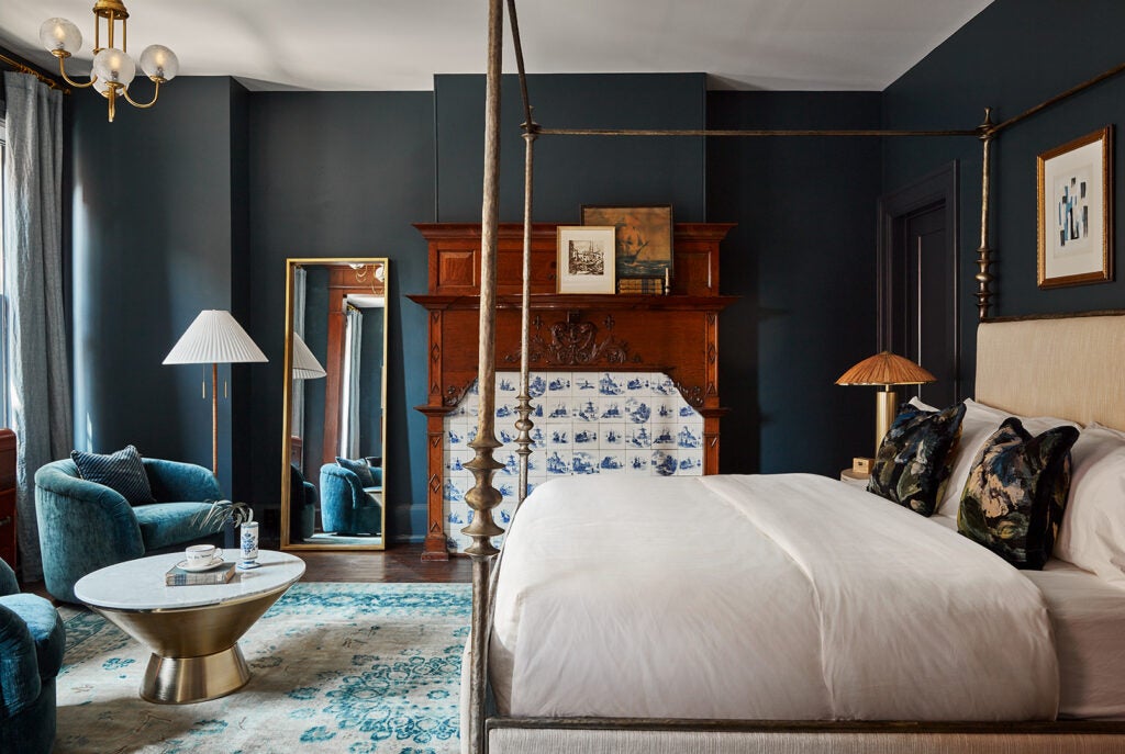 Blue tile fireplace bedroom