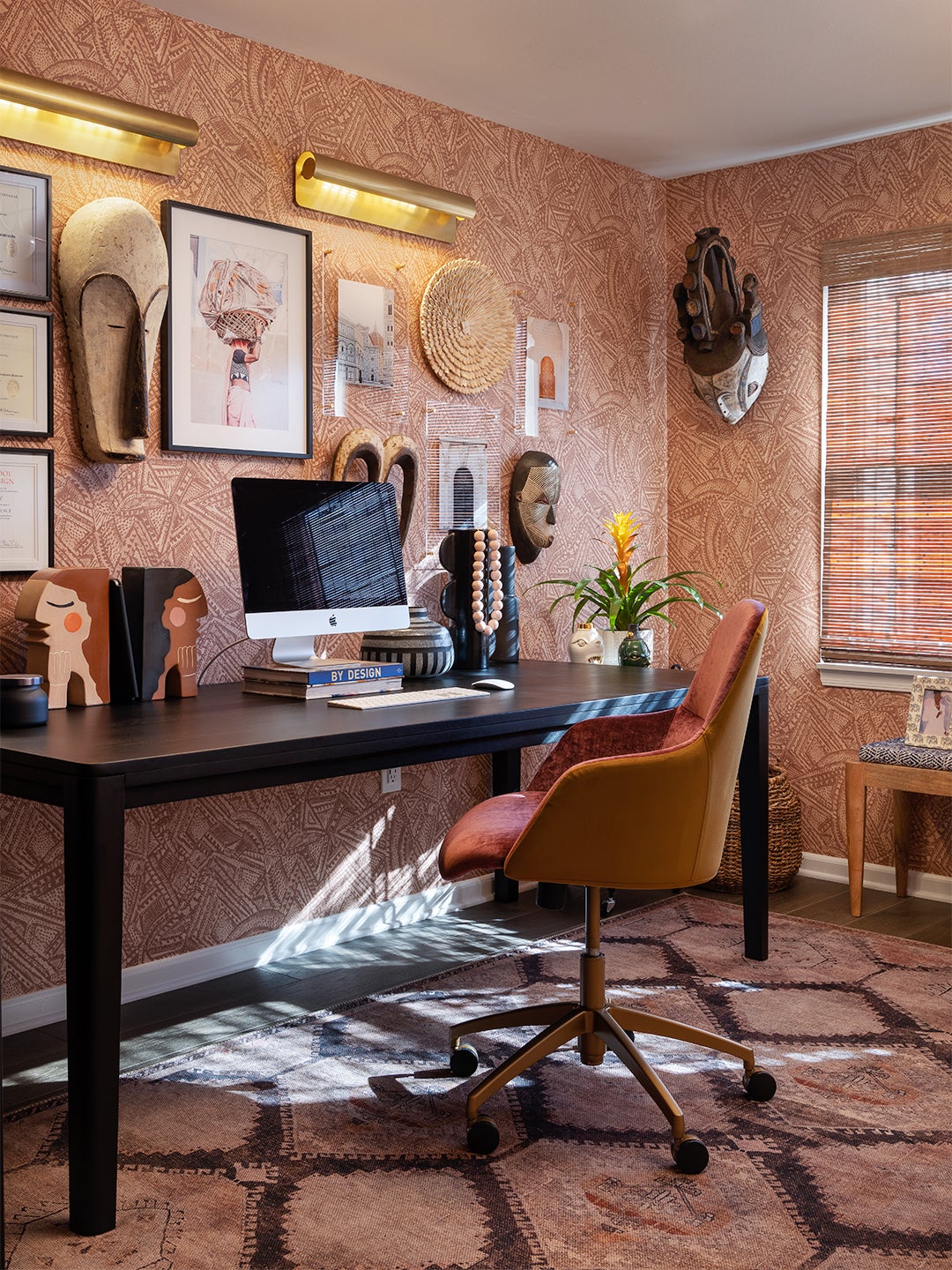 pink wallpapered office