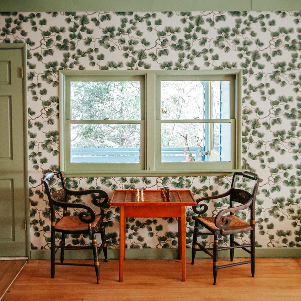 wallpapered dining room