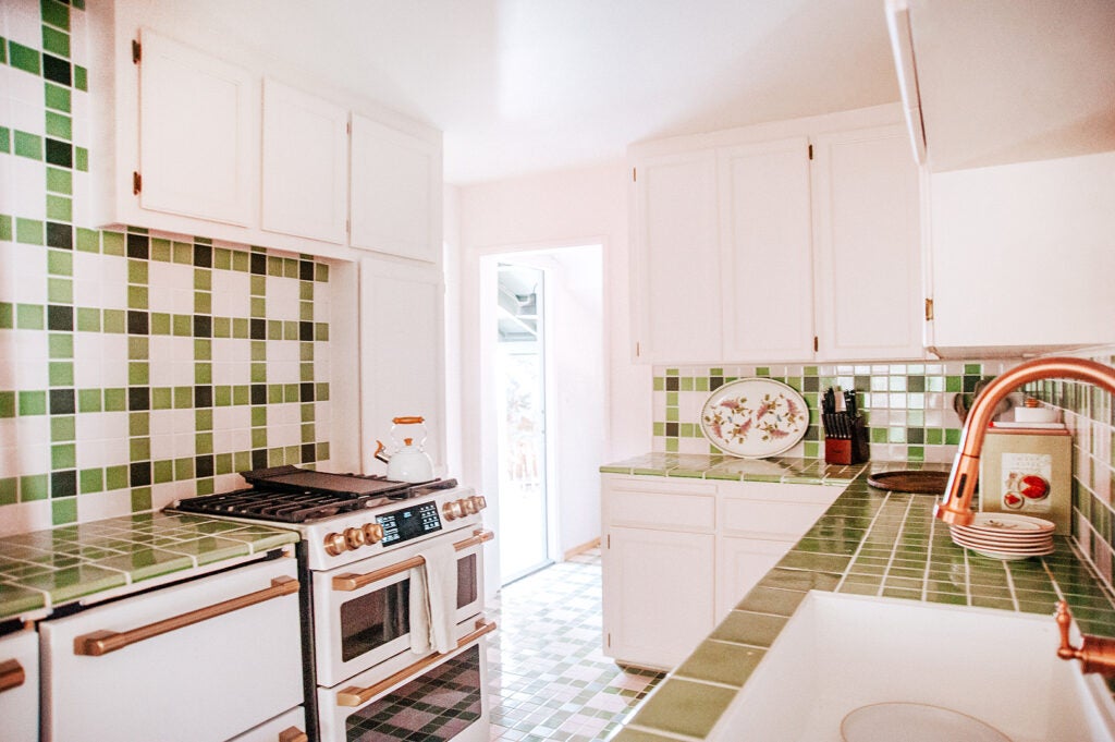 plaid green kitchen