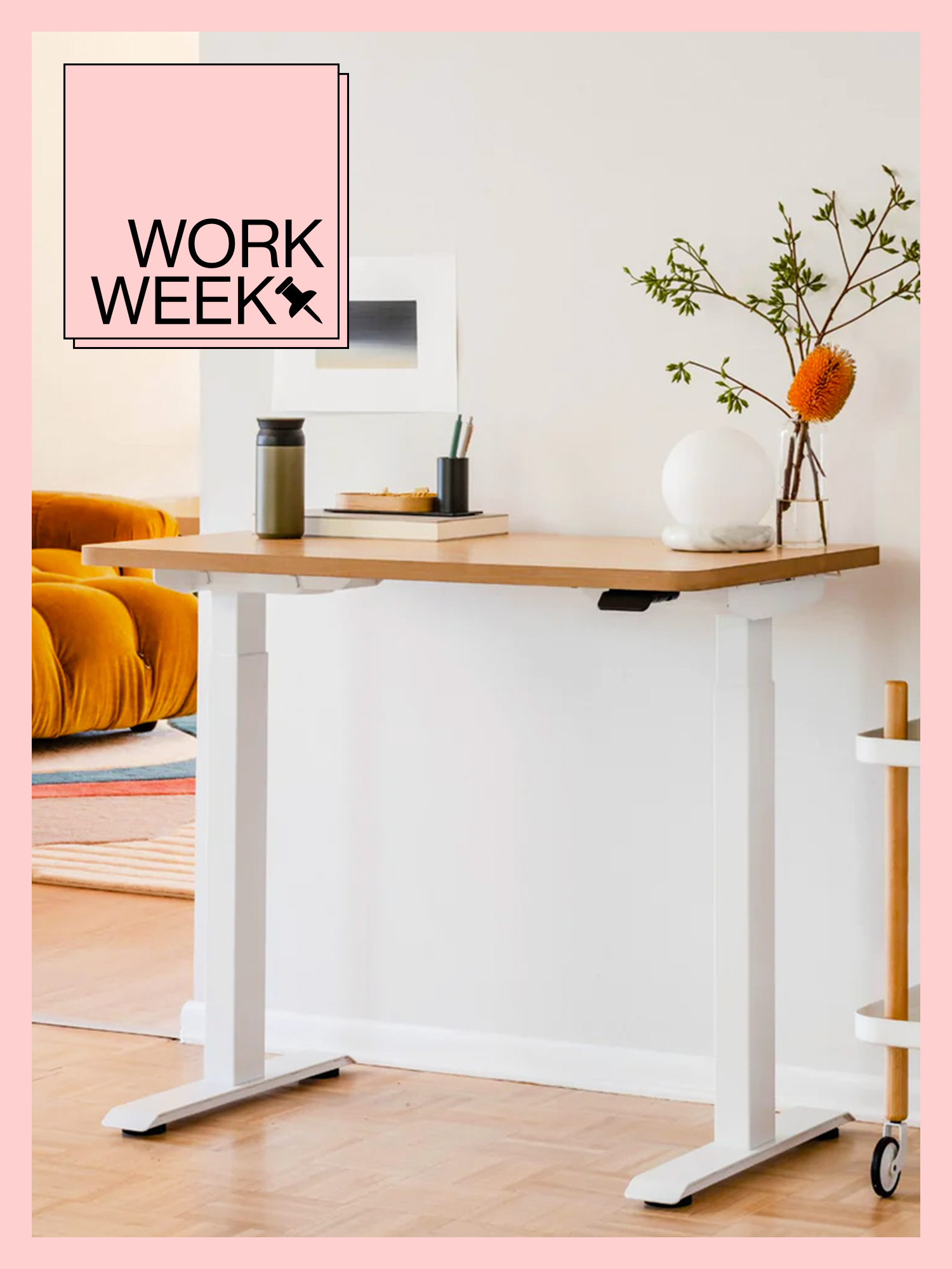Branch Duo Standing Desk in white room with pink Work Week design border and treatment.