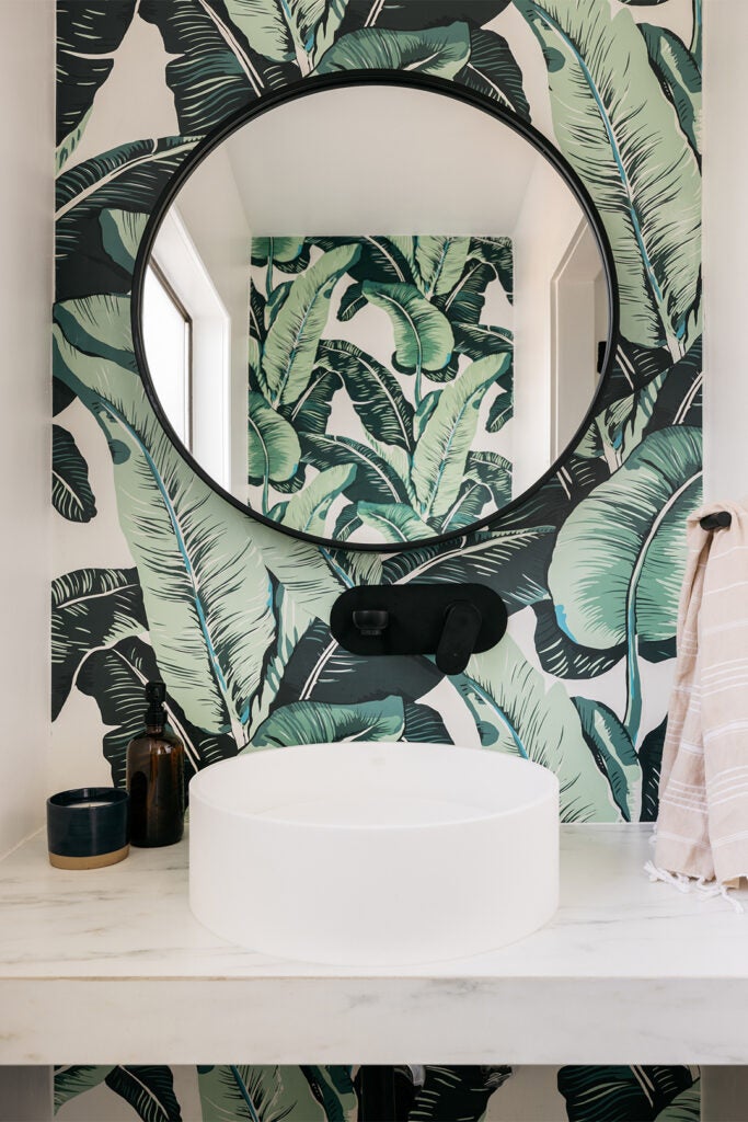 palm leaf wallpaper powder room
