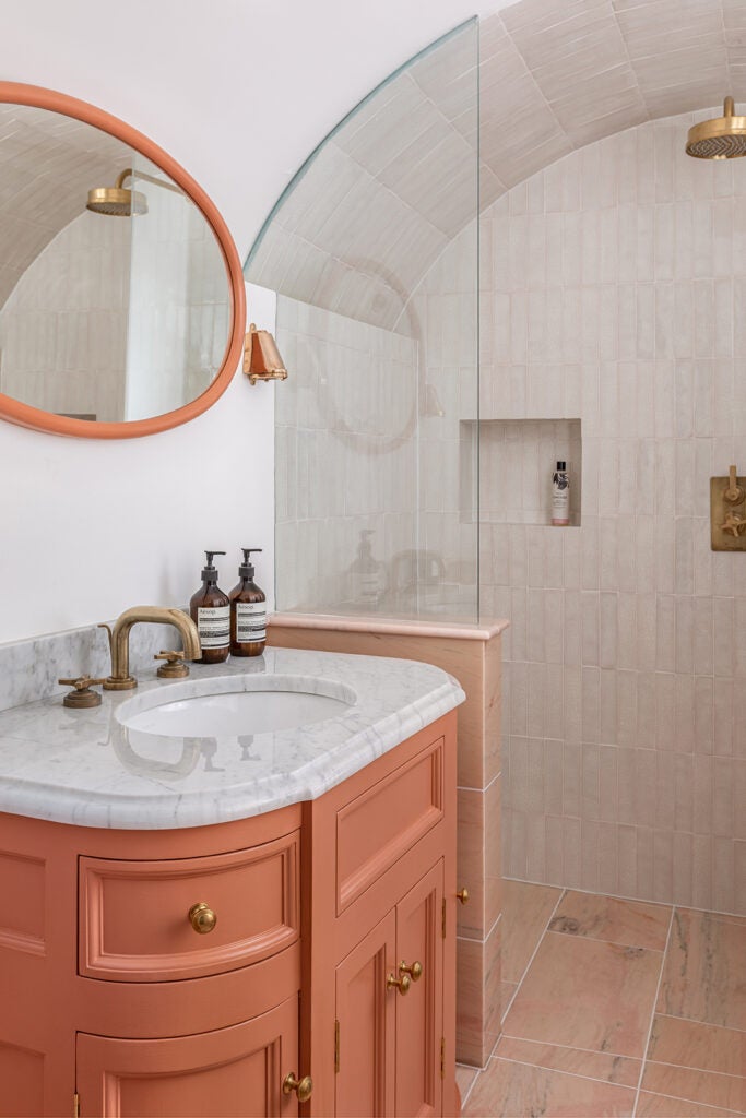 coral pink vanity in bathroom