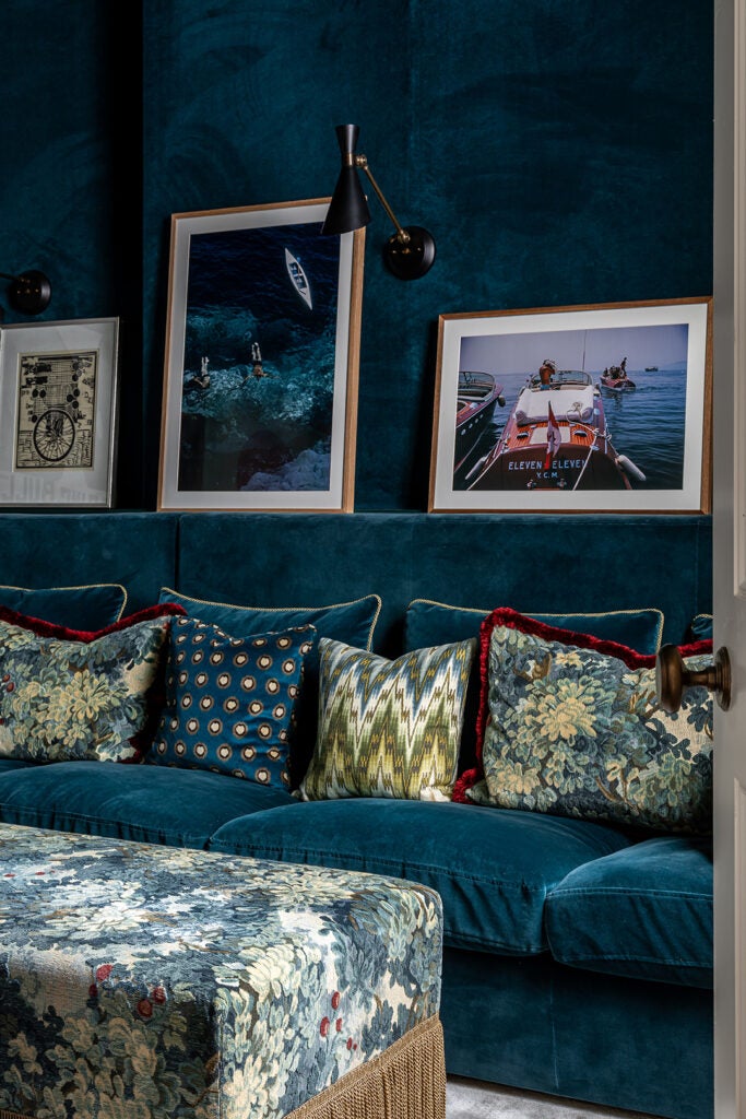 teal velvet sofa and walls
