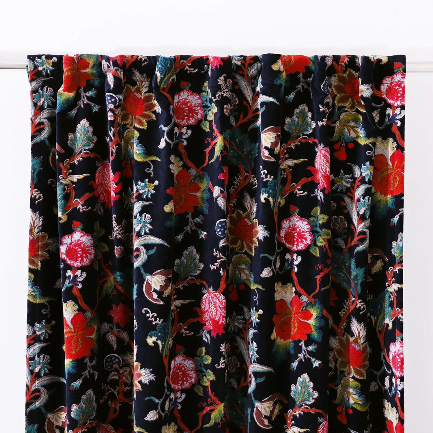 Floral Patterned Black Velvet Curtain Panel