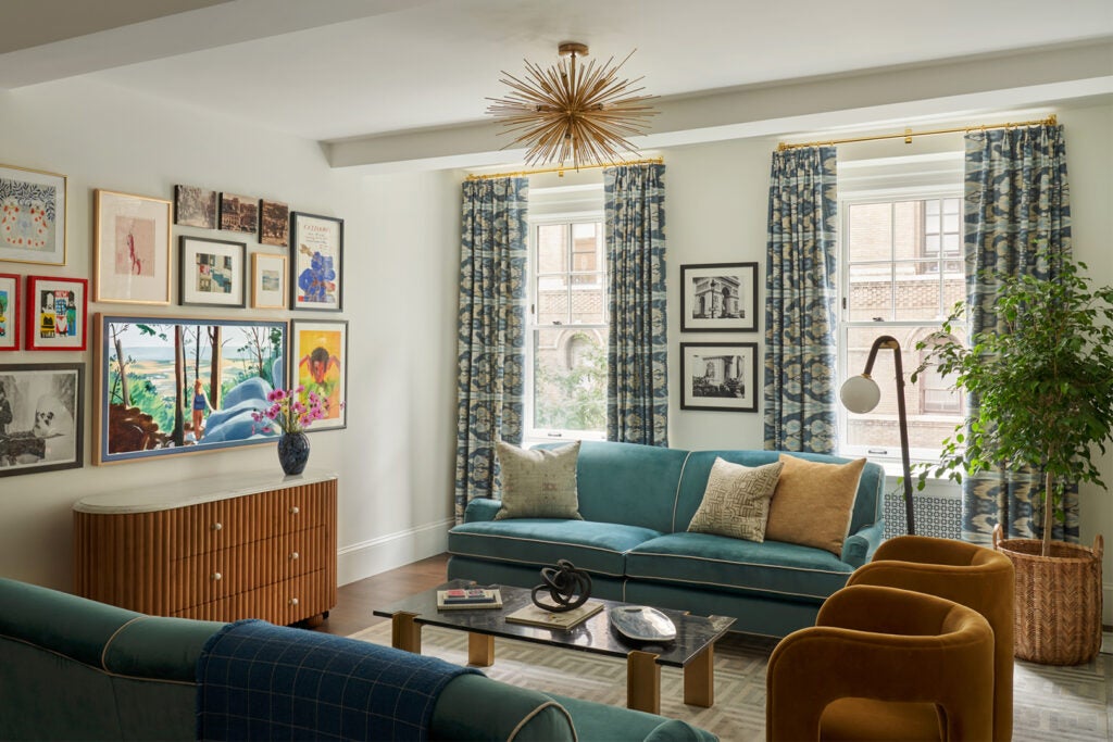 chic living room with blue sofa