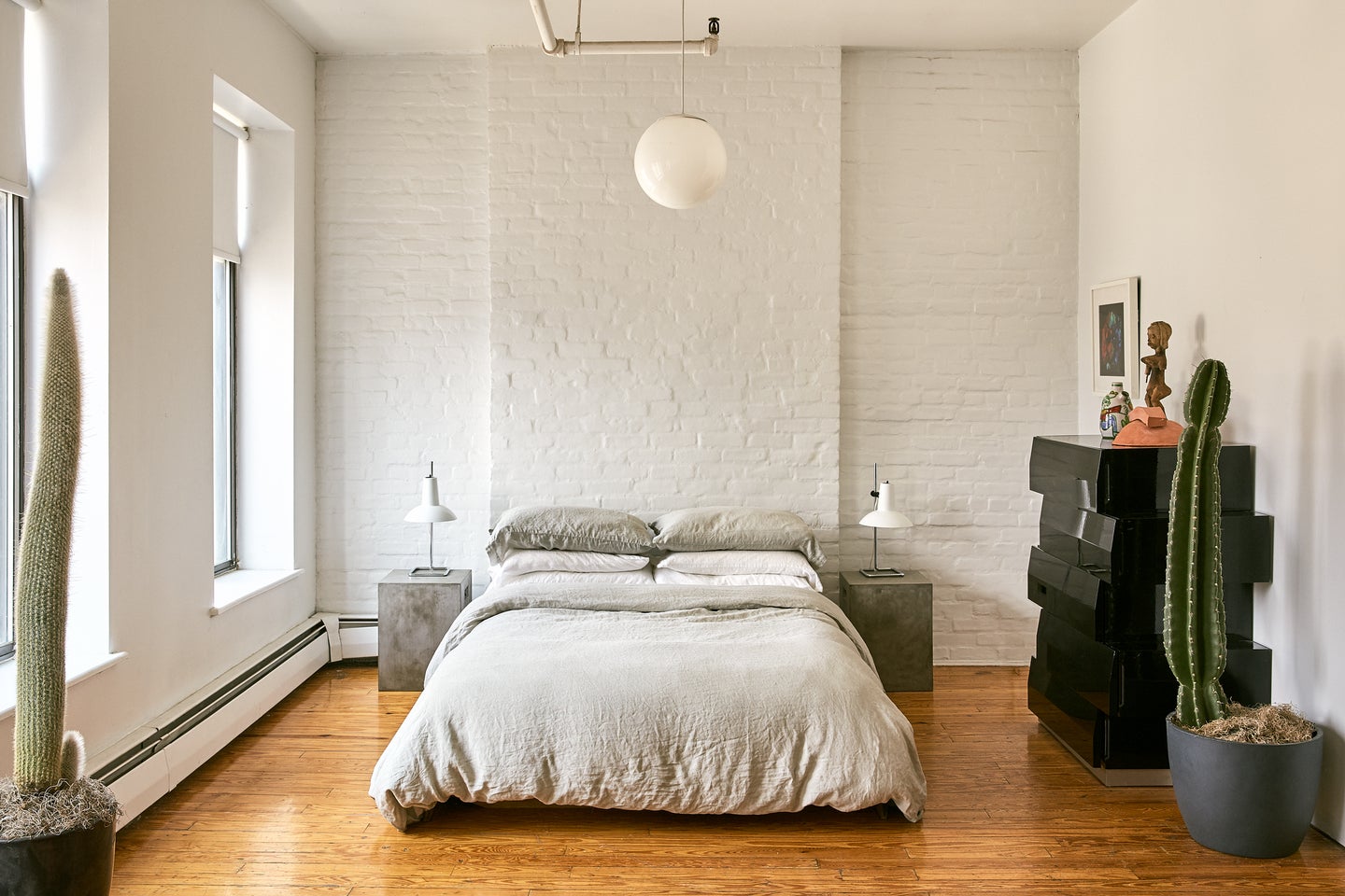 white bedroom brick wall