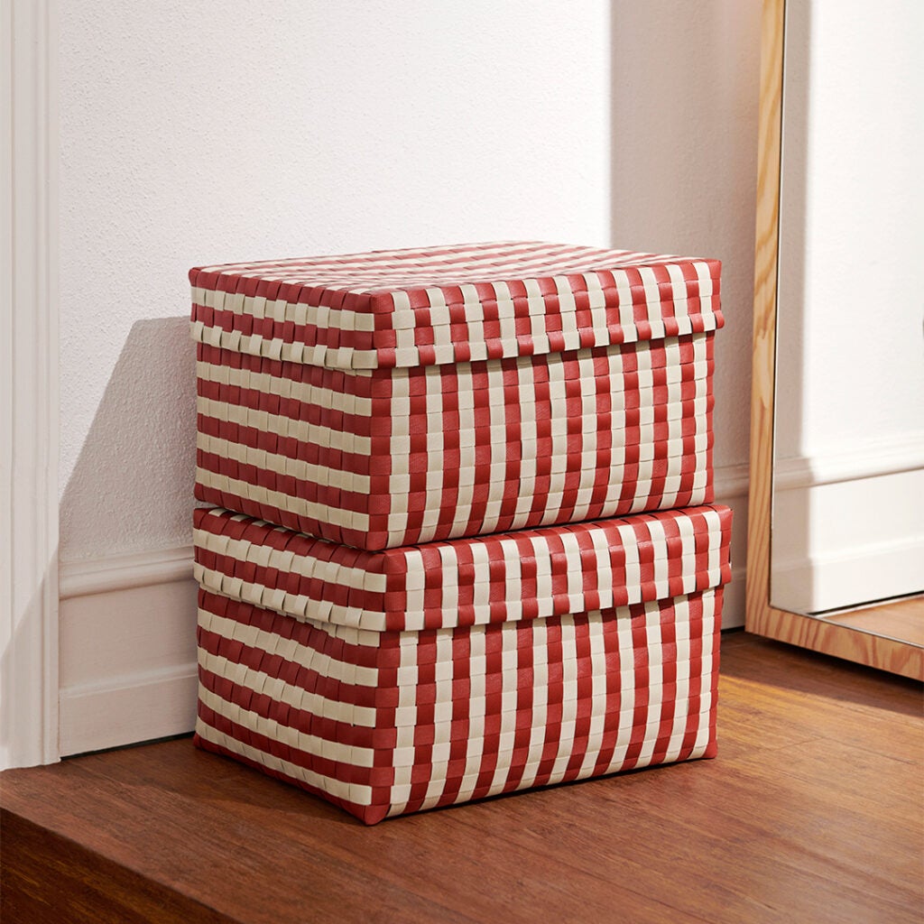 red and white woven boxes