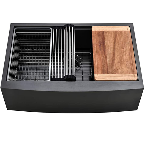 Matte Black Stainless Steel Sink with Wood Cutting Board
