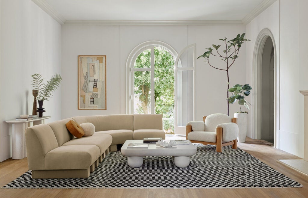 living room with curved sectional