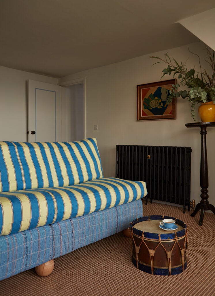 blue striped sofa