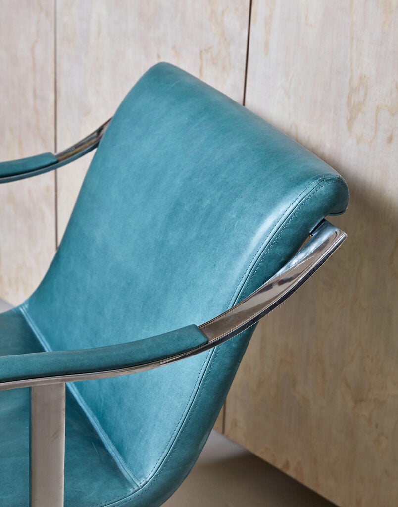 close up of a blue leather chair