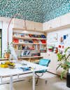 blue-green wallpapered office ceiling