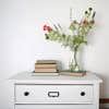close up of white chalk painted dresser with stacked books and plant