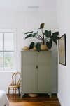 philodendron in woven basket on top of green cabinet