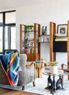living room with wooden bookshelves
