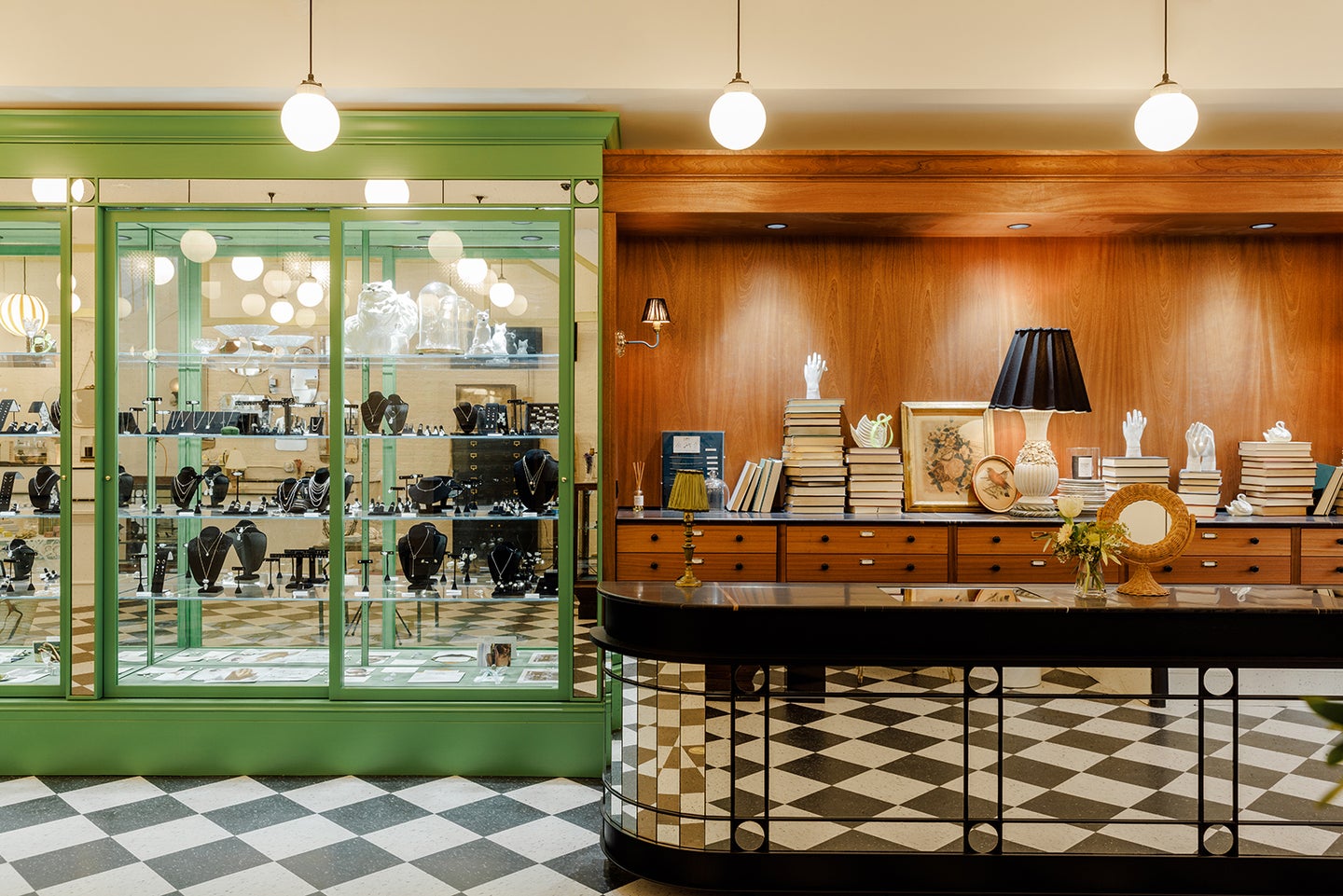 Catbird interior with green case and checkerboard floor