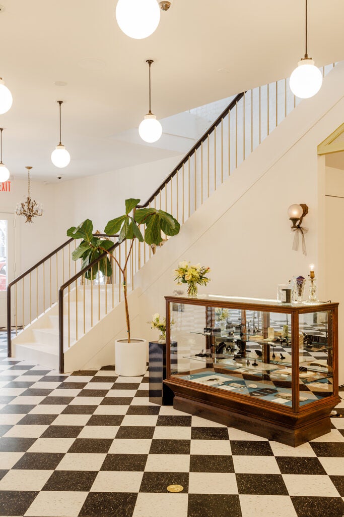 Catbird staircase and checkerboard floors