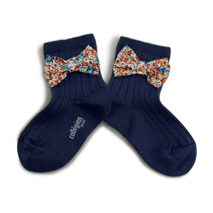 navy kid's socks with floral bow
