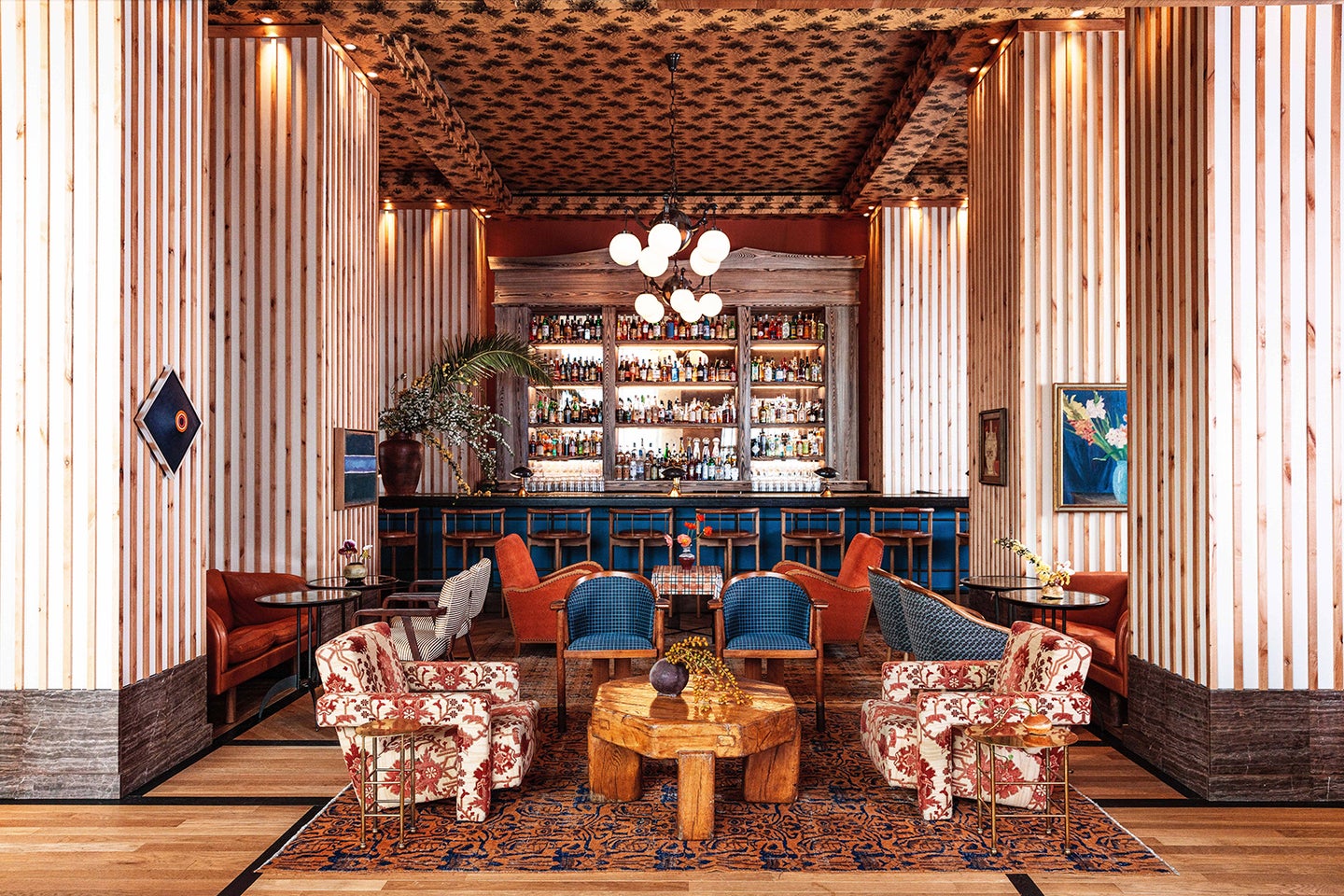 hotel lobby with wood walls