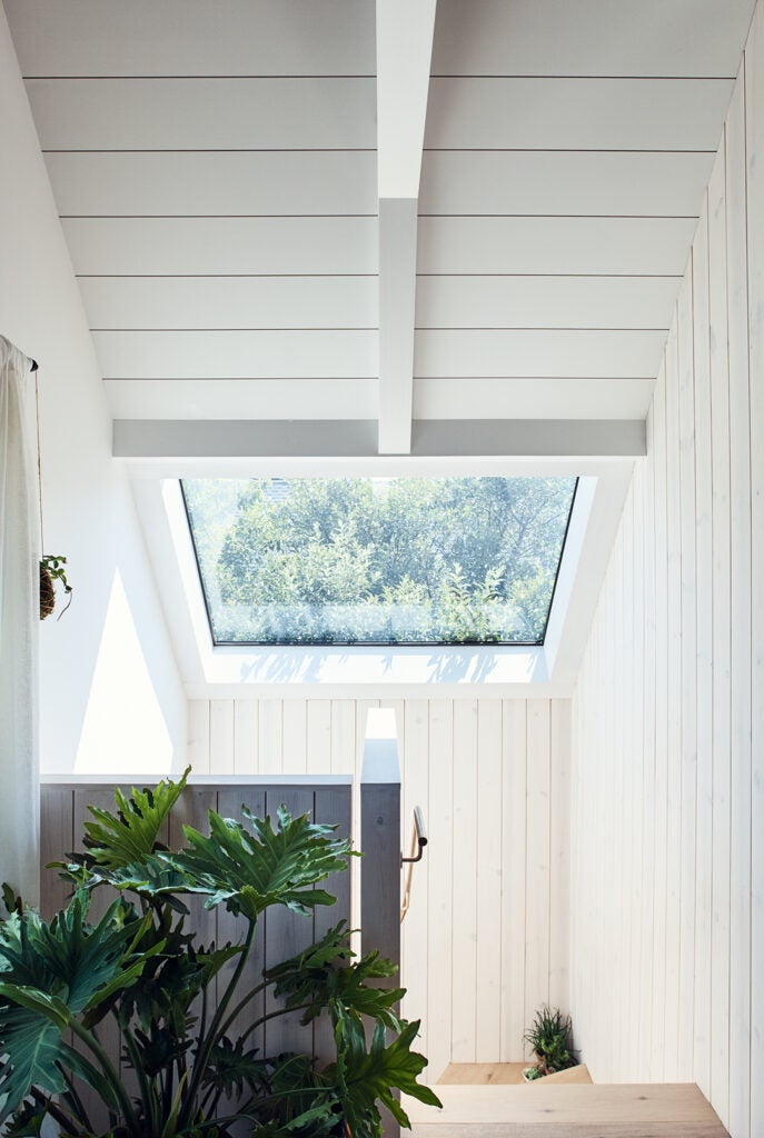 Wood clad walls and ceiling painted in white 