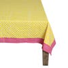 yellow check tablecloth with pink trim