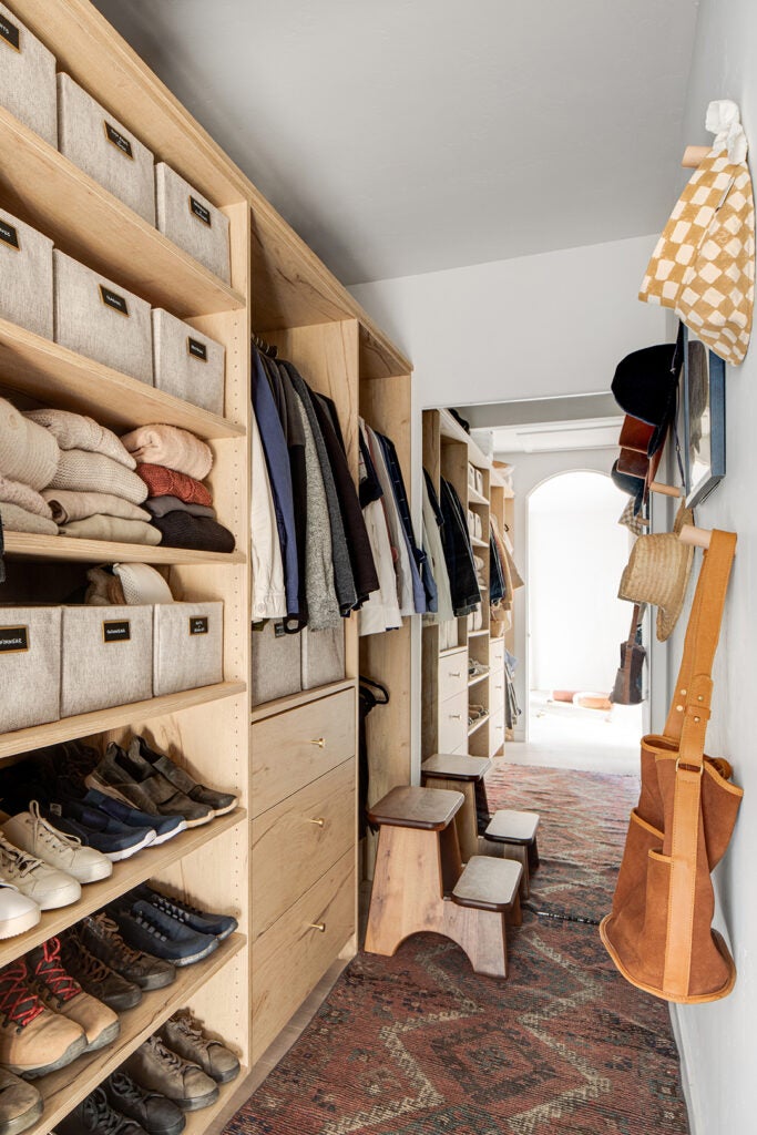 Closet interior with wooden shelving