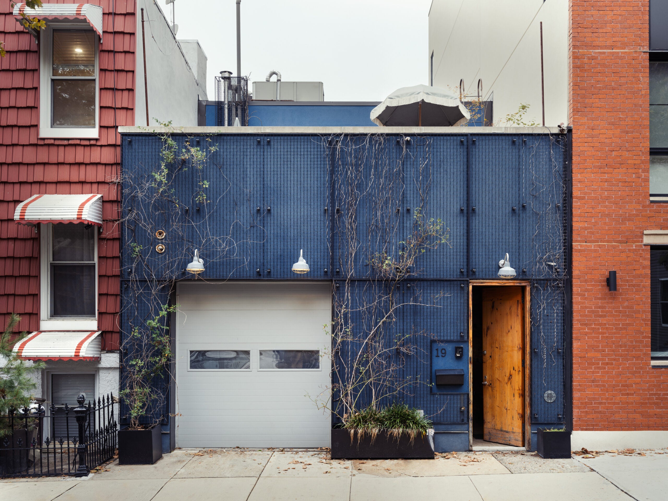 blue garage exterior