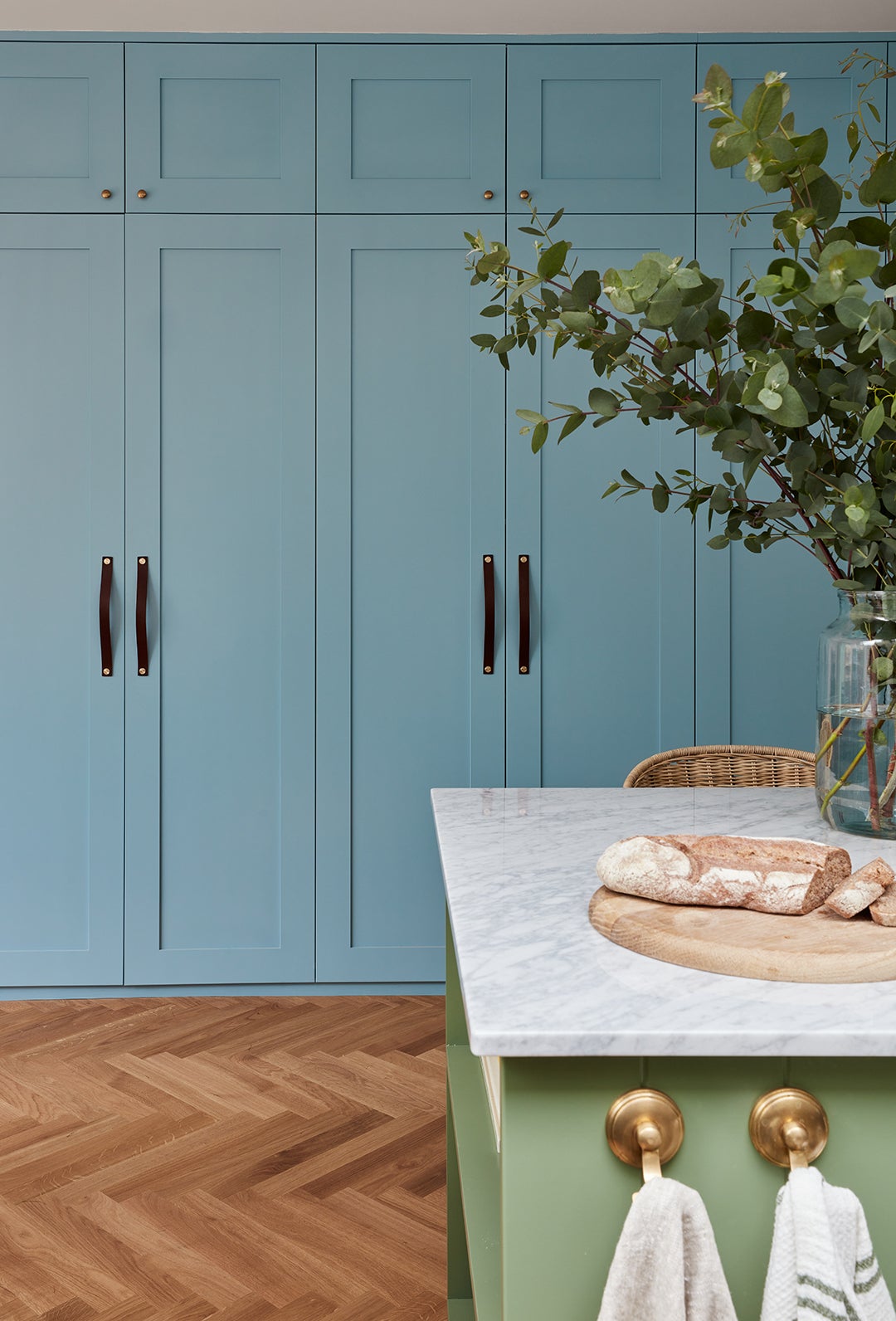 tall blue pantry cabinets