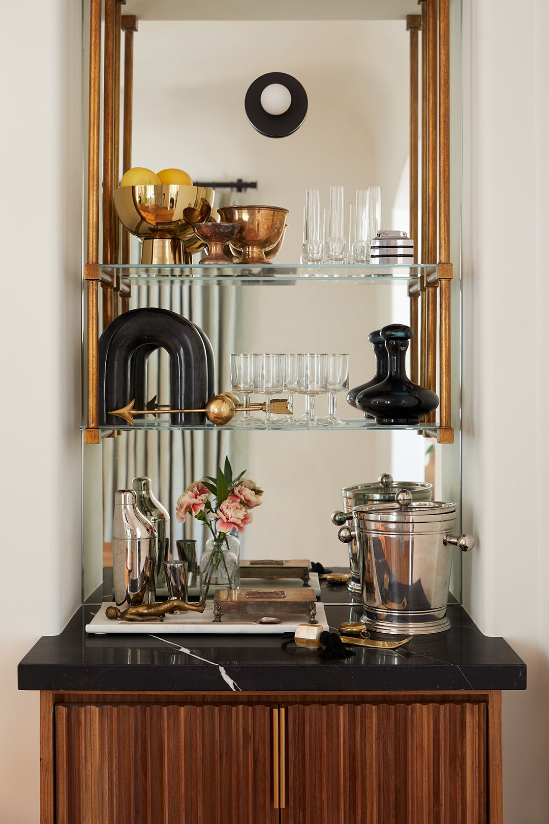 brass and glass bar shelves
